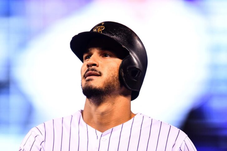Colorado Rockies third baseman Nolan Arenado (28) during seventh inning against the San Diego Padres at Coors Field.