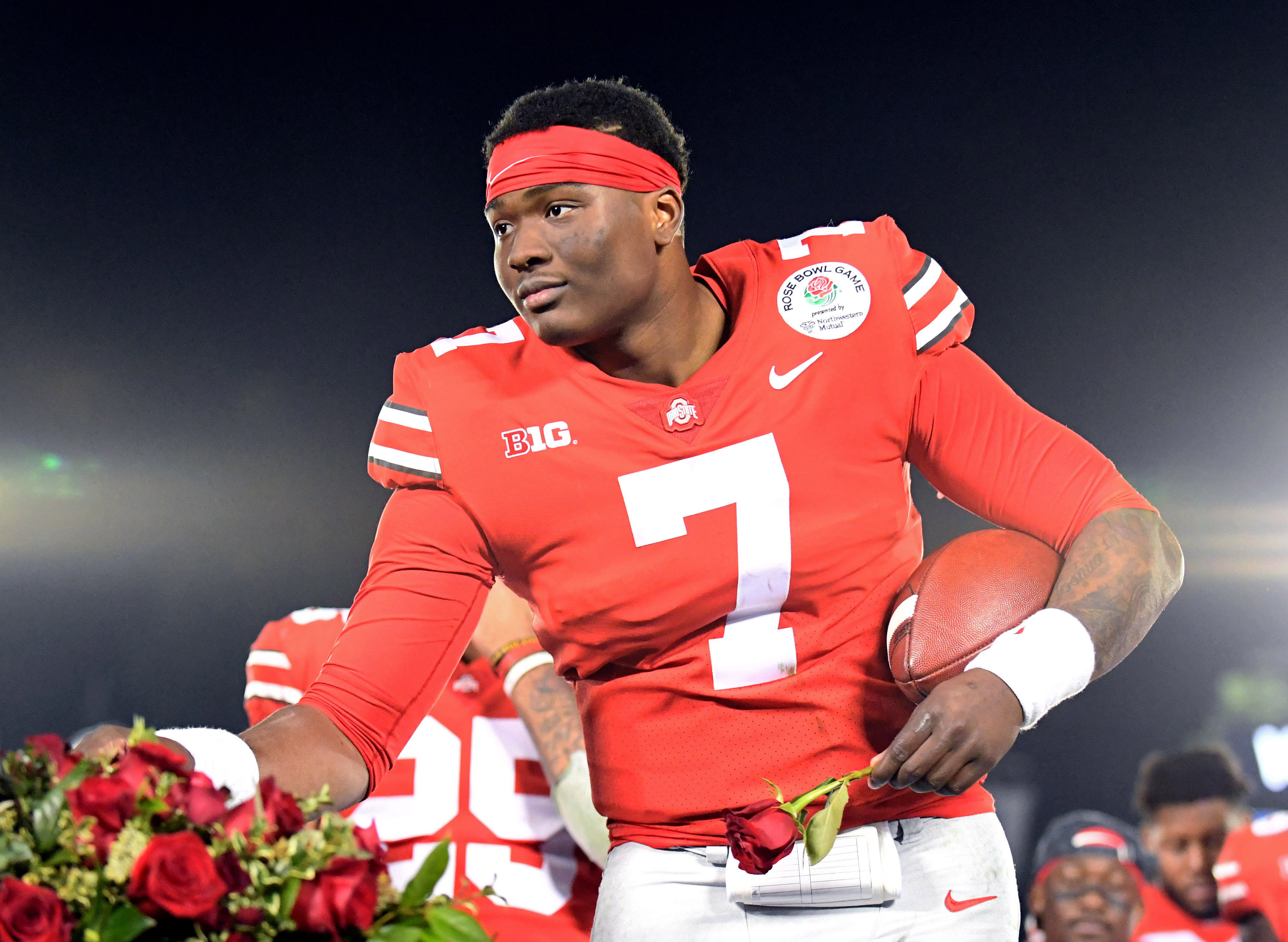 NCAA Football: Rose Bowl Game-Ohio State vs Washington Ohio State Buckeyes quarterback Dwayne Haskins (7) celebrates on the podium after the Ohio State Buckeyes defeated the Washington Huskies in the 2019 Rose Bowl at Rose Bowl Stadium.