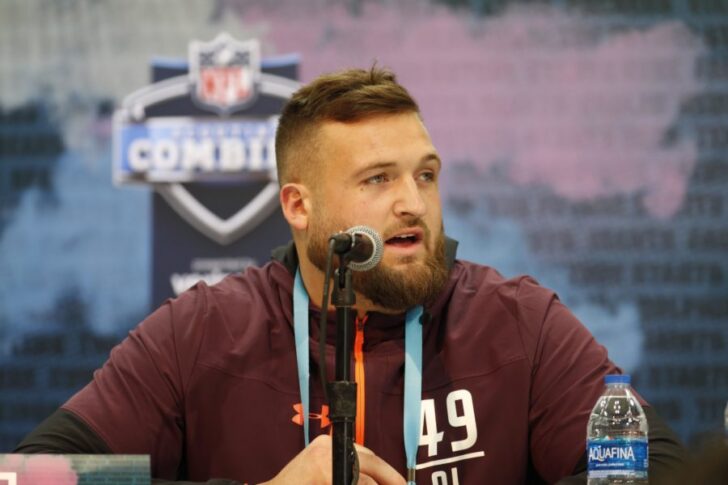 Kansas State offensive lineman Dalton Risner (OL49) speaks to the media during the 2019 NFL Combine at the Indianapolis Convention Center.