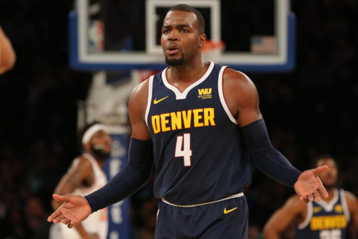 Denver Nuggets power forward Paul Millsap (4) reacts after receiving a technical foul during the fourth quarter against the New York Knicks at Madison Square Garden.