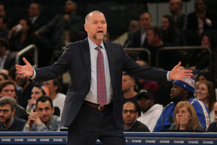 Denver Nuggets head coach Michael Malone reacts to a technical foul against Denver Nuggets power forward Paul Millsap (not pictured) during the fourth quarter against the New York Knicks at Madison Square Garden.