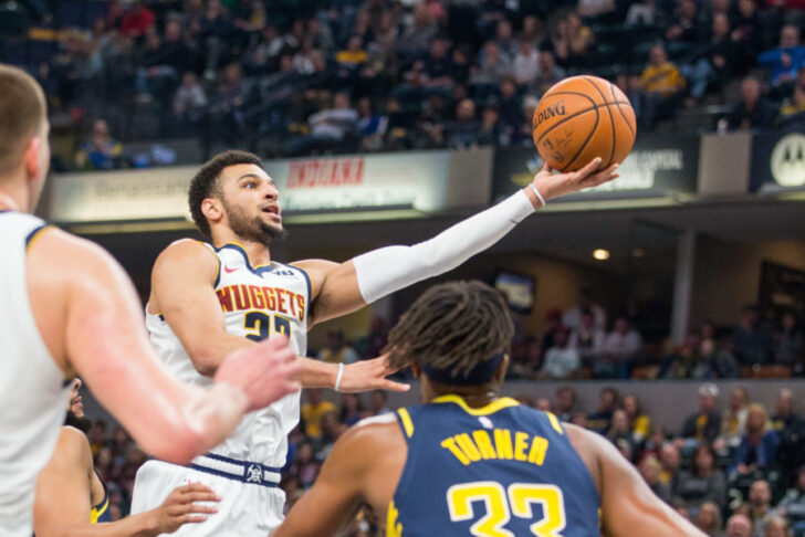 Denver Nuggets guard Jamal Murray (27) shoots the ball in the first quarter against the Indiana Pacers at Bankers Life Fieldhouse.