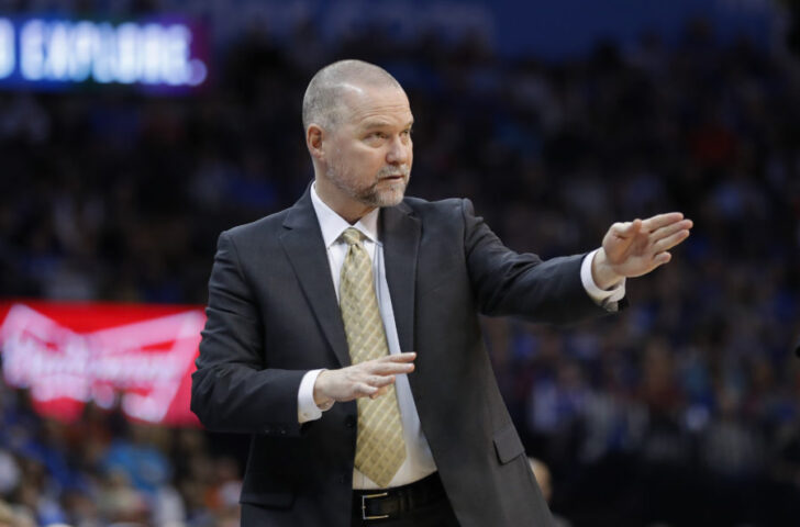 Denver Nuggets head coach Michael Malone coaches his team against the Oklahoma City Thunder during the first half at Chesapeake Energy Arena.