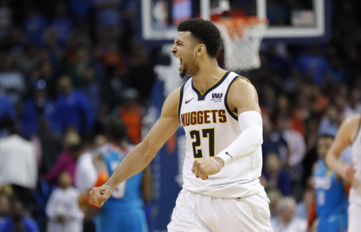 Denver Nuggets guard Jamal Murray (27) celebrates during the end of the second half against Oklahoma City Thunder at Chesapeake Energy Arena. Denver won 115-105.