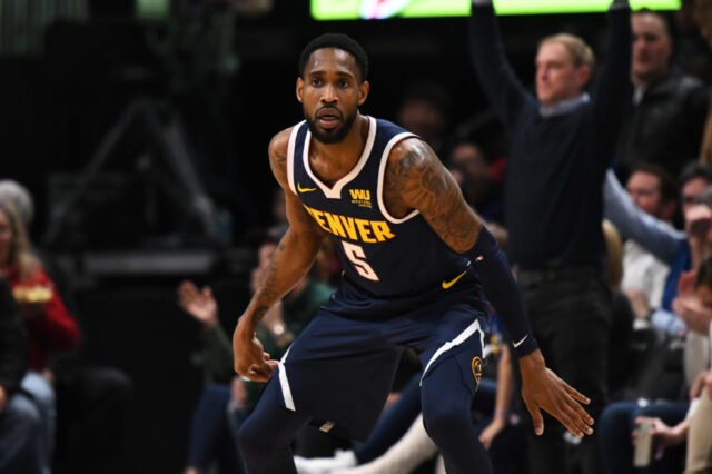 Denver Nuggets guard Will Barton (5) celebrates his three point basket in the third quarter against the Miami Heat at the Pepsi Center.