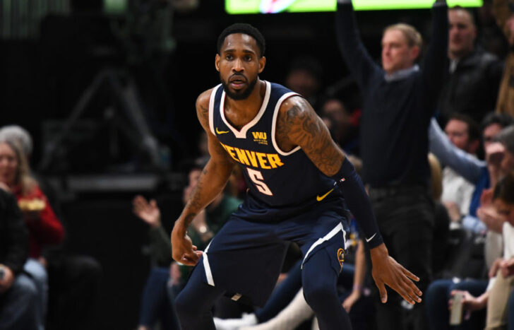 Denver Nuggets guard Will Barton (5) celebrates his three point basket in the third quarter against the Miami Heat at the Pepsi Center.