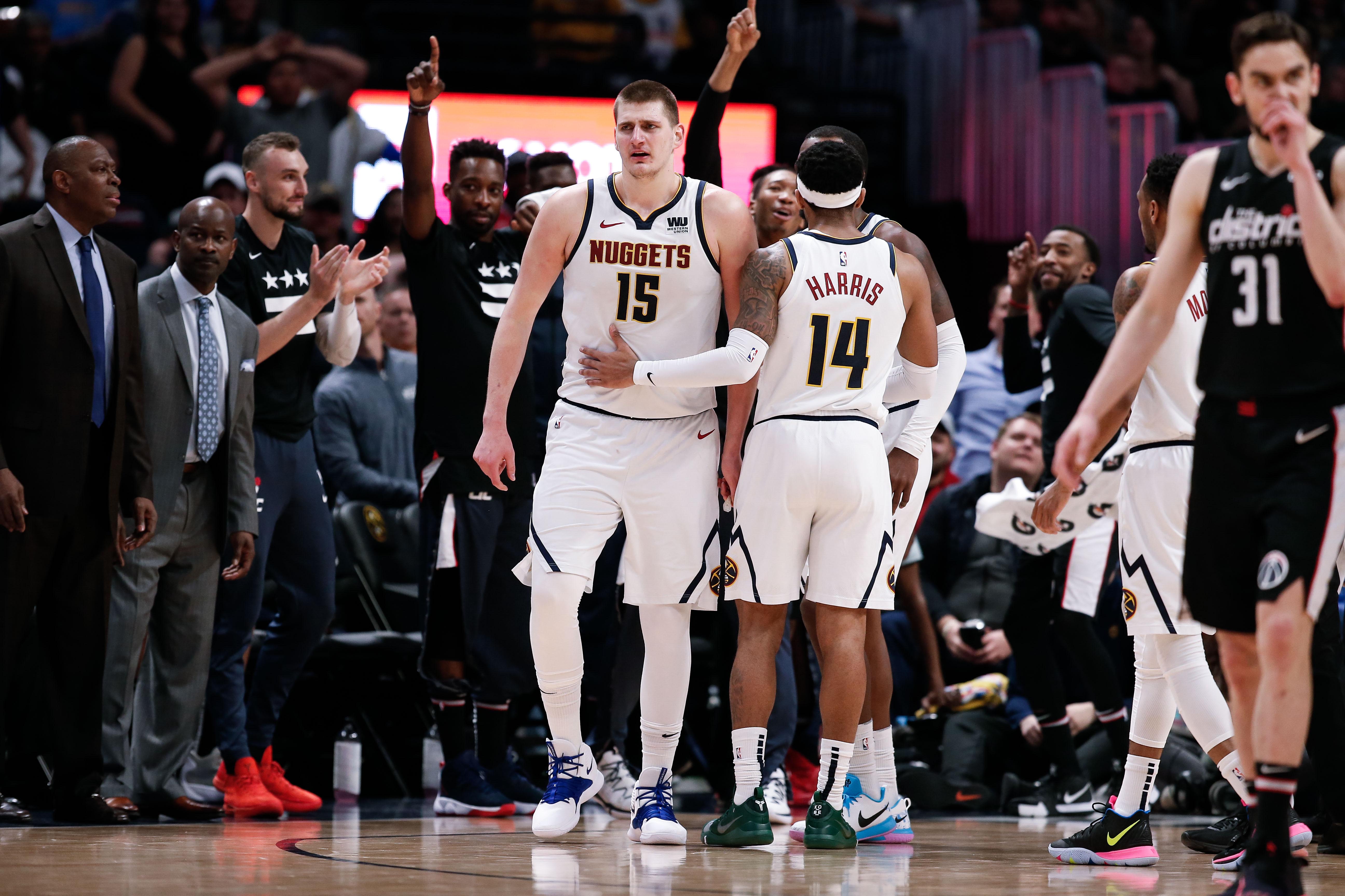 NBA: Washington Wizards at Denver Nuggets Denver Nuggets guard Gary Harris (14) talks with center Nikola Jokic (15) after he receives a double technical foul and is ejected in the fourth quarter against the Washington Wizards at the Pepsi Center.