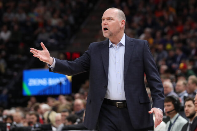 Denver Nuggets head coach Michael Malone reacts from the sidelines during the first quarter against the Utah Jazz at Vivint Smart Home Arena.