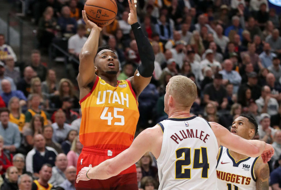 NBA: Denver Nuggets at Utah Jazz Utah Jazz guard Donovan Mitchell (45) shoots the ball over Denver Nuggets forward Mason Plumlee (24) during the fourth quarter at Vivint Smart Home Arena. Utah Jazz won 118-108.