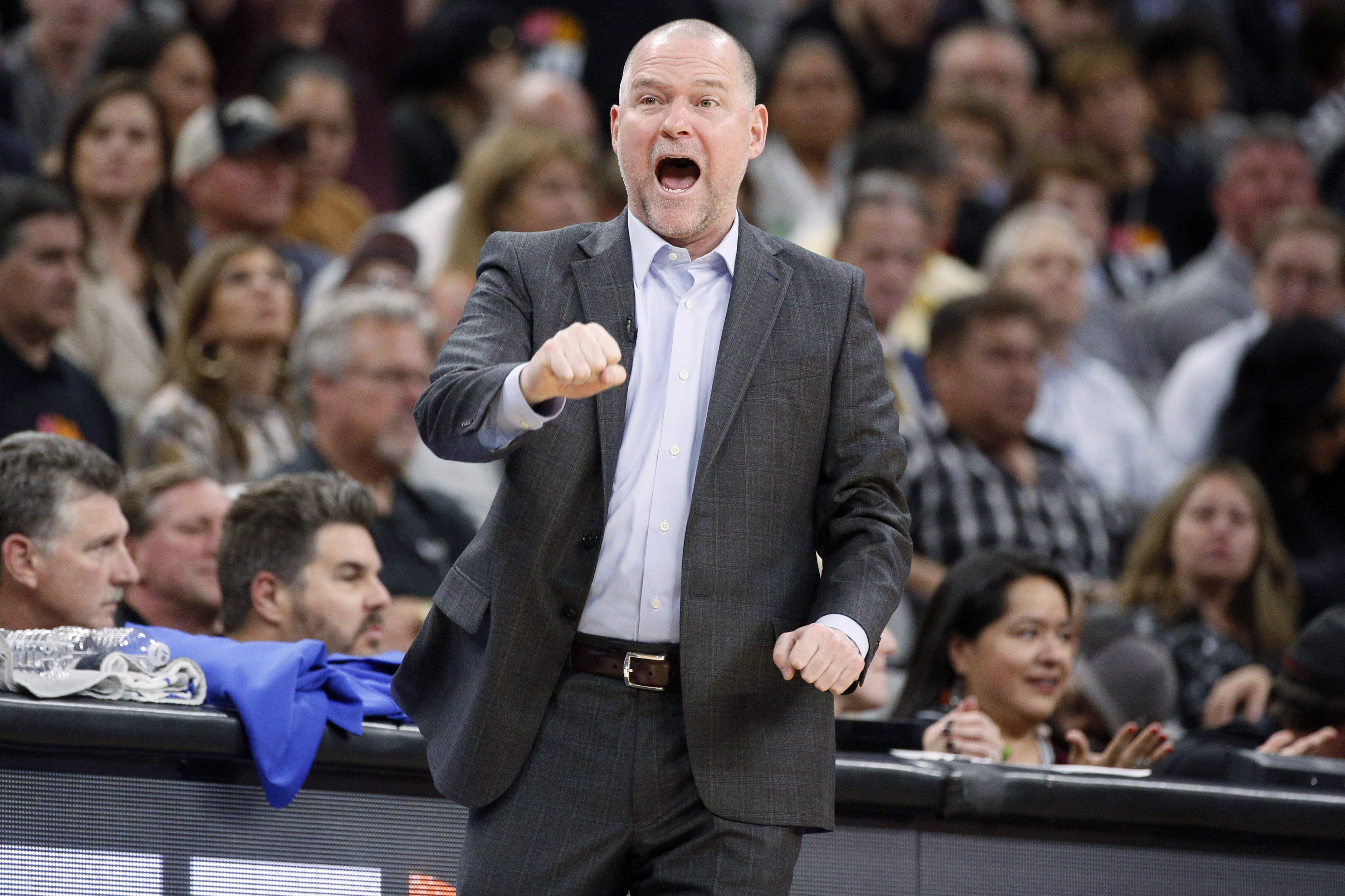 NBA: Playoffs-Denver Nuggets at San Antonio Spurs Denver Nuggets head coach Michael Malone reacts against the San Antonio Spurs in game three of the first round of the 2019 NBA Playoffs at AT&T Center.