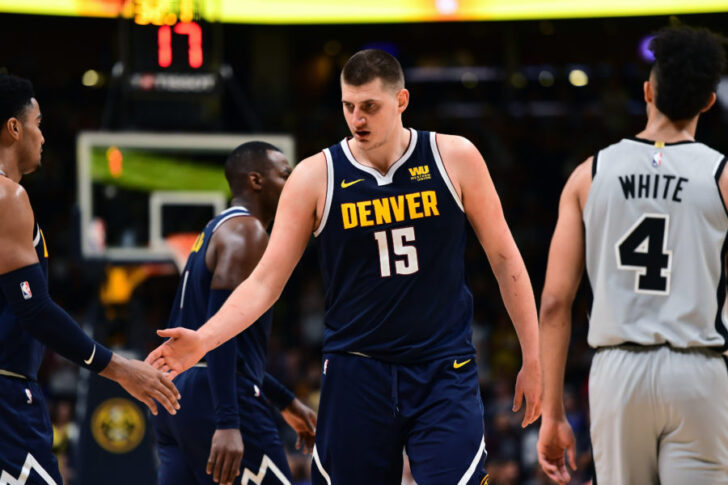 Denver Nuggets center Nikola Jokic (15) during the first half against the San Antonio Spurs in game seven of the first round of the 2019 NBA Playoffs at the Pepsi Center.