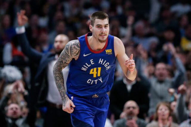 Denver Nuggets forward Juancho Hernangomez (41) motions after a play in the third quarter against the Oklahoma City Thunder at the Pepsi Center.