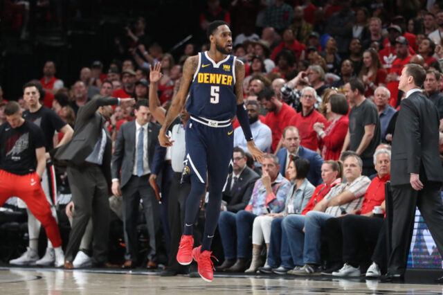 Denver Nuggets guard Will Barton (5) reacts after scoring against the Portland Trail Blazers in the second half of game four of the second round of the 2019 NBA Playoffs at Moda Center.