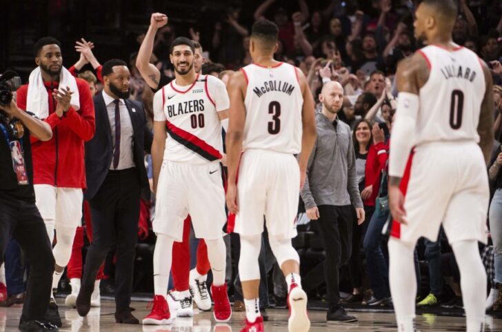 Portland Trail Blazers center Enes Kanter (00) celebrates with teammates after the game against the Denver Nuggets in game six of the second round of the 2019 NBA Playoffs at Moda Center.