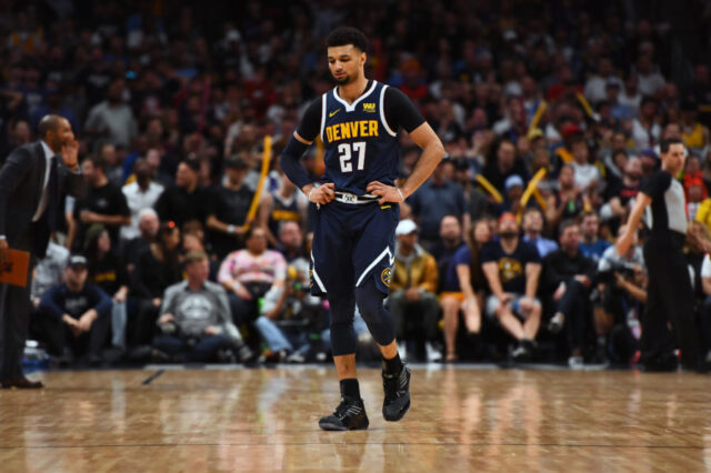 Denver Nuggets guard Jamal Murray (27) reacts during the second half against the Portland Trail Blazers in the second round of the 2019 NBA Playoffs at Pepsi Center.