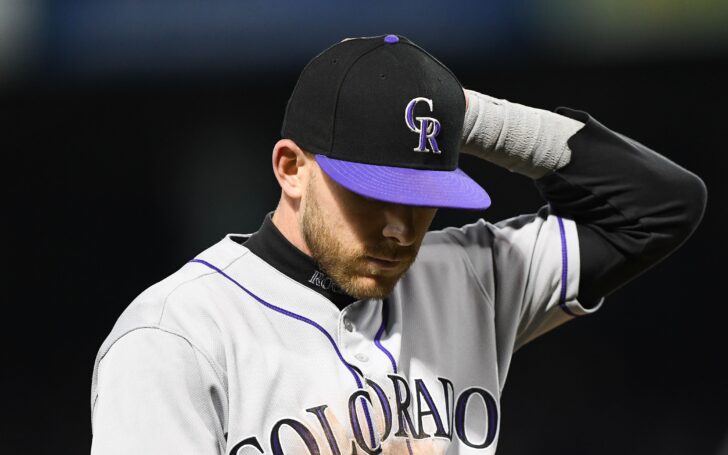 Trevor Story leaves due to injury in the 9th inning. Credit: Michael Fluharty, USA TODAY Sports.