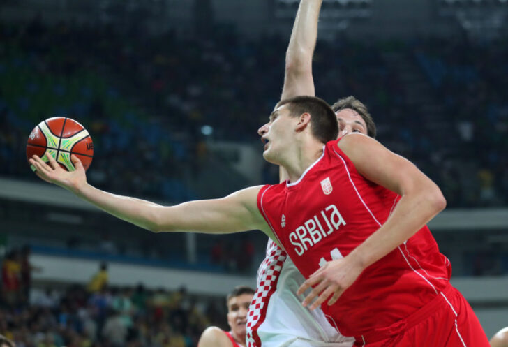 Serbia center Nikola Jokic (14) shoots the ball against Croatia during the men's basketball quarterfinals in the Rio 2016 Summer Olympic Games at Carioca Arena 1.