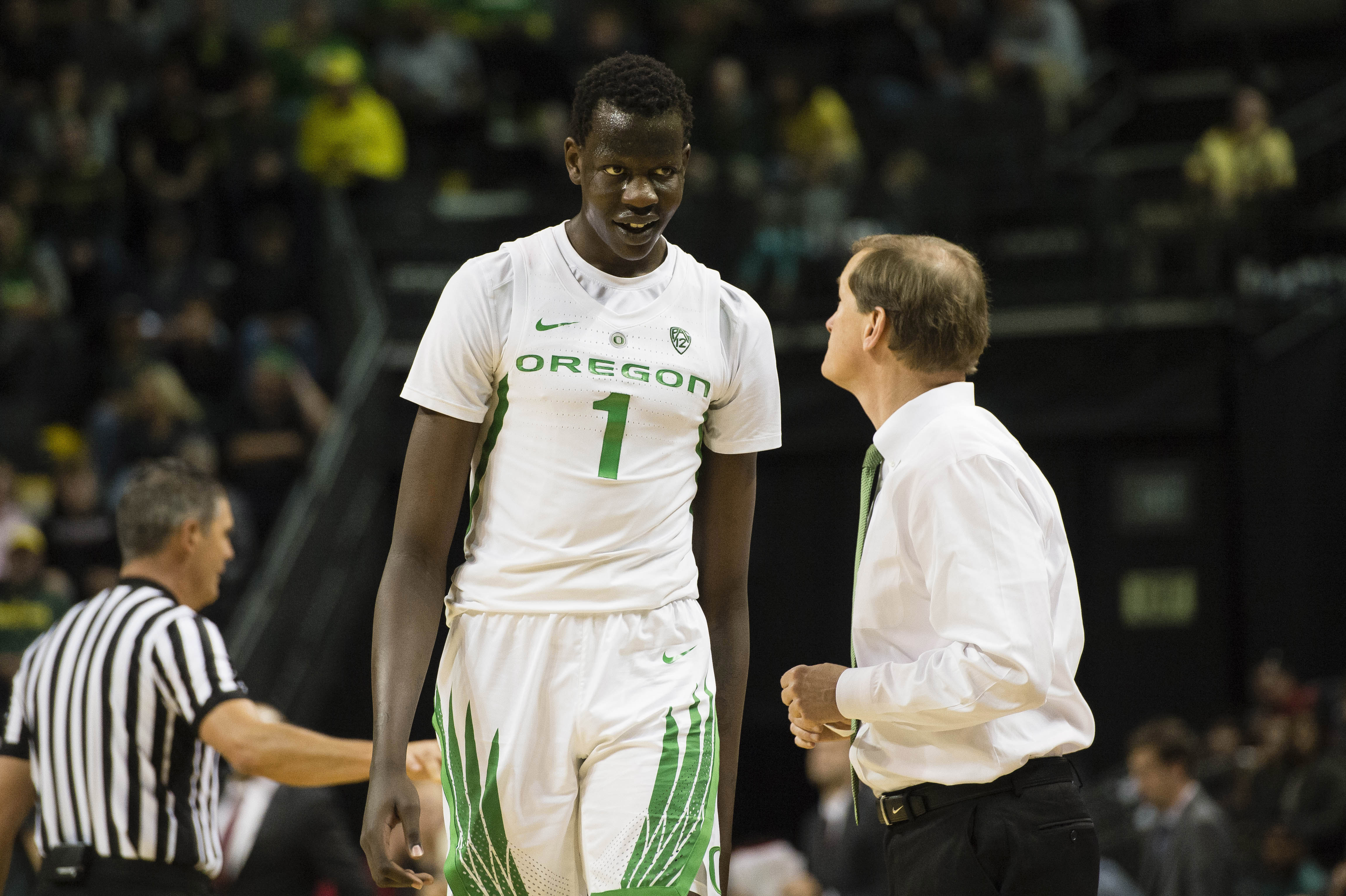Oregon Ducks center Bol Bol (1) walks off the court after getting called for a technical foul during the second half against Eastern Washington Eagles at Matthew Knight Arena. The Ducks beat the Eagles 81-47.