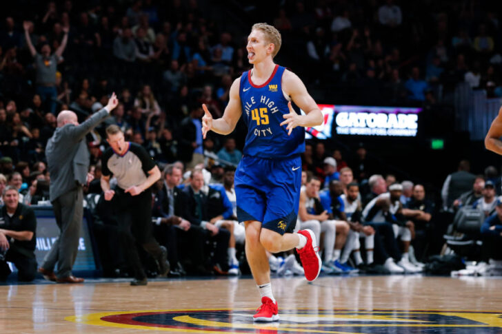 Denver Nuggets center Thomas Welsh (45) reacts after scoring in the fourth quarter against the Orlando Magic at the Pepsi Center.