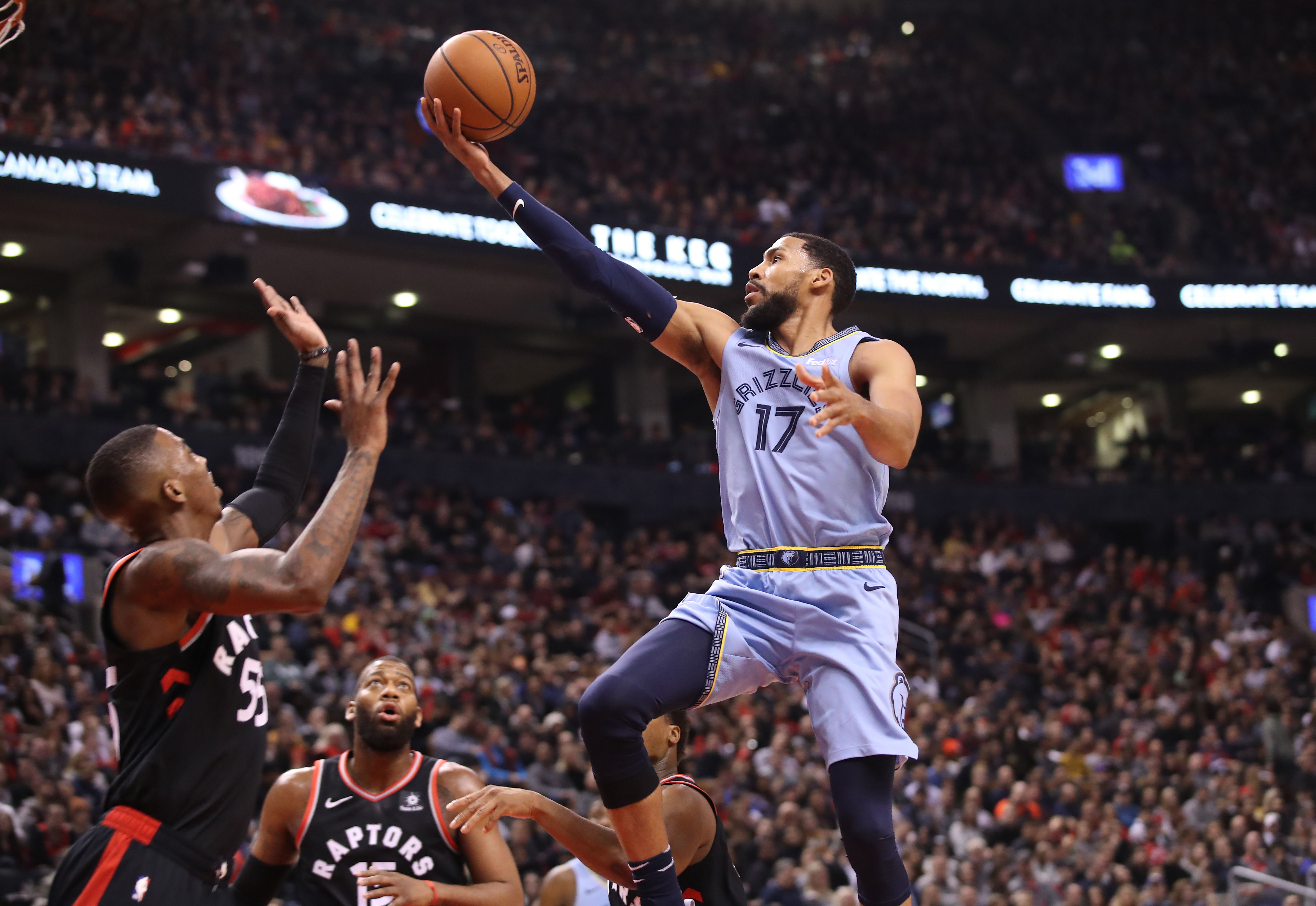 NBA: Memphis Grizzlies at Toronto Raptors Memphis Grizzlies forward Garrett Temple (17) drives to the basket against Toronto Raptors guard Delon Wright (55) in the first quarter at Scotiabank Arena. The Raptors be
