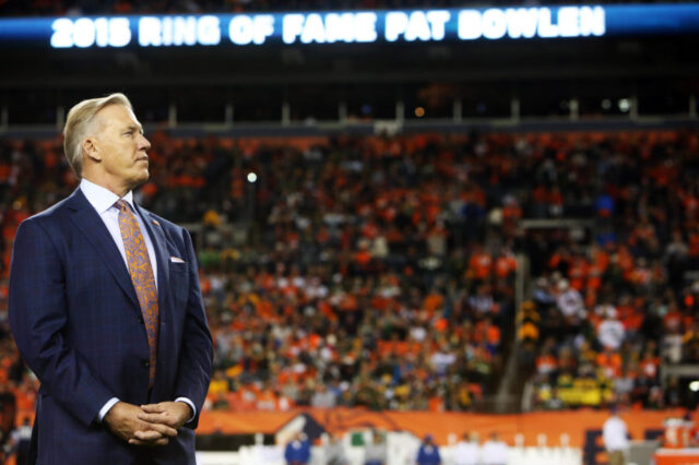 Denver Broncos general manager John Elway during a ceremony inducting owner Pat Bowlen (not pictured) into the Broncos Ring of Fame during halftime between the Denver Broncos and the Green Bay Packers at Sports Authority Field at Mile High. The Broncos won 29-10.