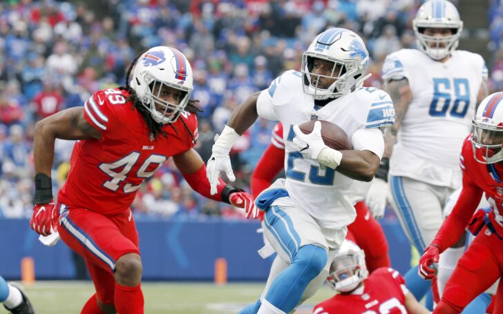 Theo Riddick runs away from a defender. Credit: Timothy T. Ludwig, USA TODAY Sports.