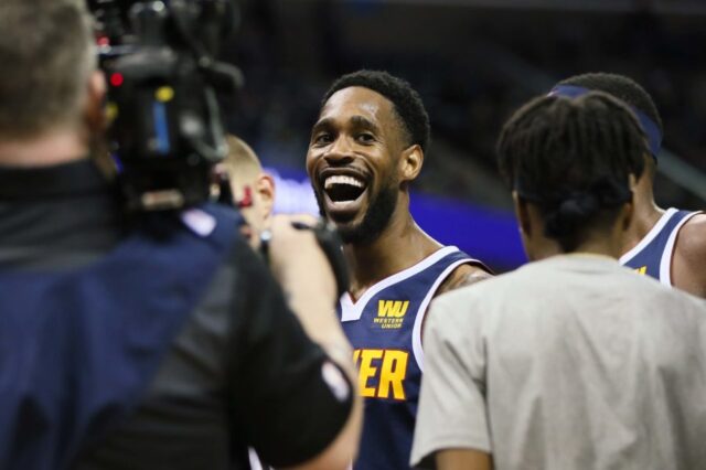Denver Nuggets guard Will Barton (5) celebrates after making a three point shot late in the fourth quarter against the Memphis Grizzlies at FedExForum. Denver won 95-92.