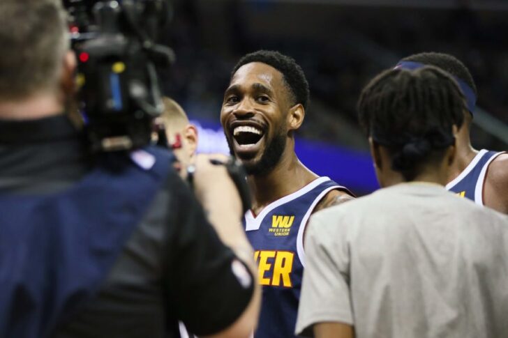Denver Nuggets guard Will Barton (5) celebrates after making a three point shot late in the fourth quarter against the Memphis Grizzlies at FedExForum. Denver won 95-92.
