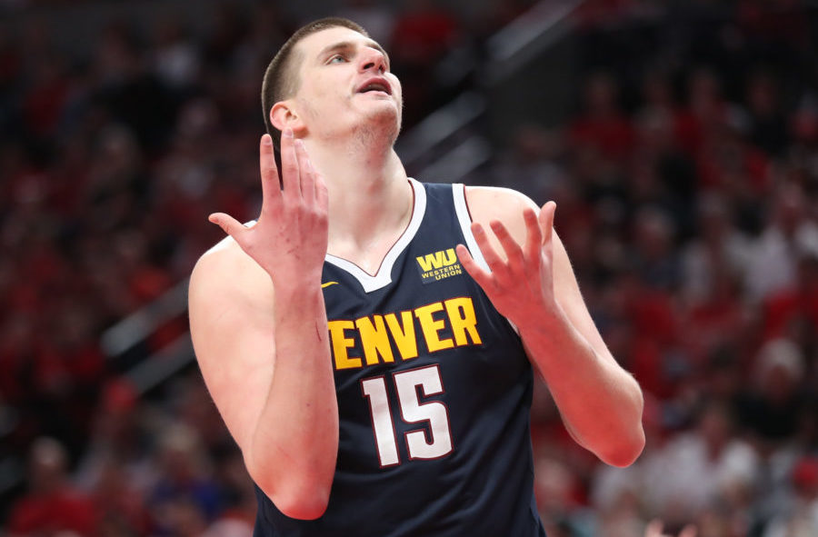 NBA: Playoffs-Denver Nuggets at Portland Trail Blazers Denver Nuggets center Nikola Jokic (15) reacts after the Nuggets were called for a foul against the Portland Trail Blazers in the second half of game four of the second round of the 2019 NBA Playoffs at Moda Center.