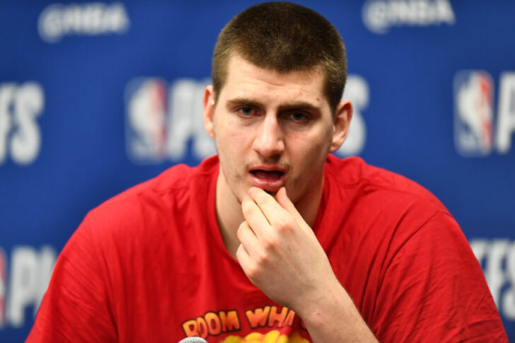 Denver Nuggets center Nikola Jokic (15) speaks to the media following the loss to the Portland Trail Blazers in the second half in the second round of the 2019 NBA Playoffs at Pepsi Center.