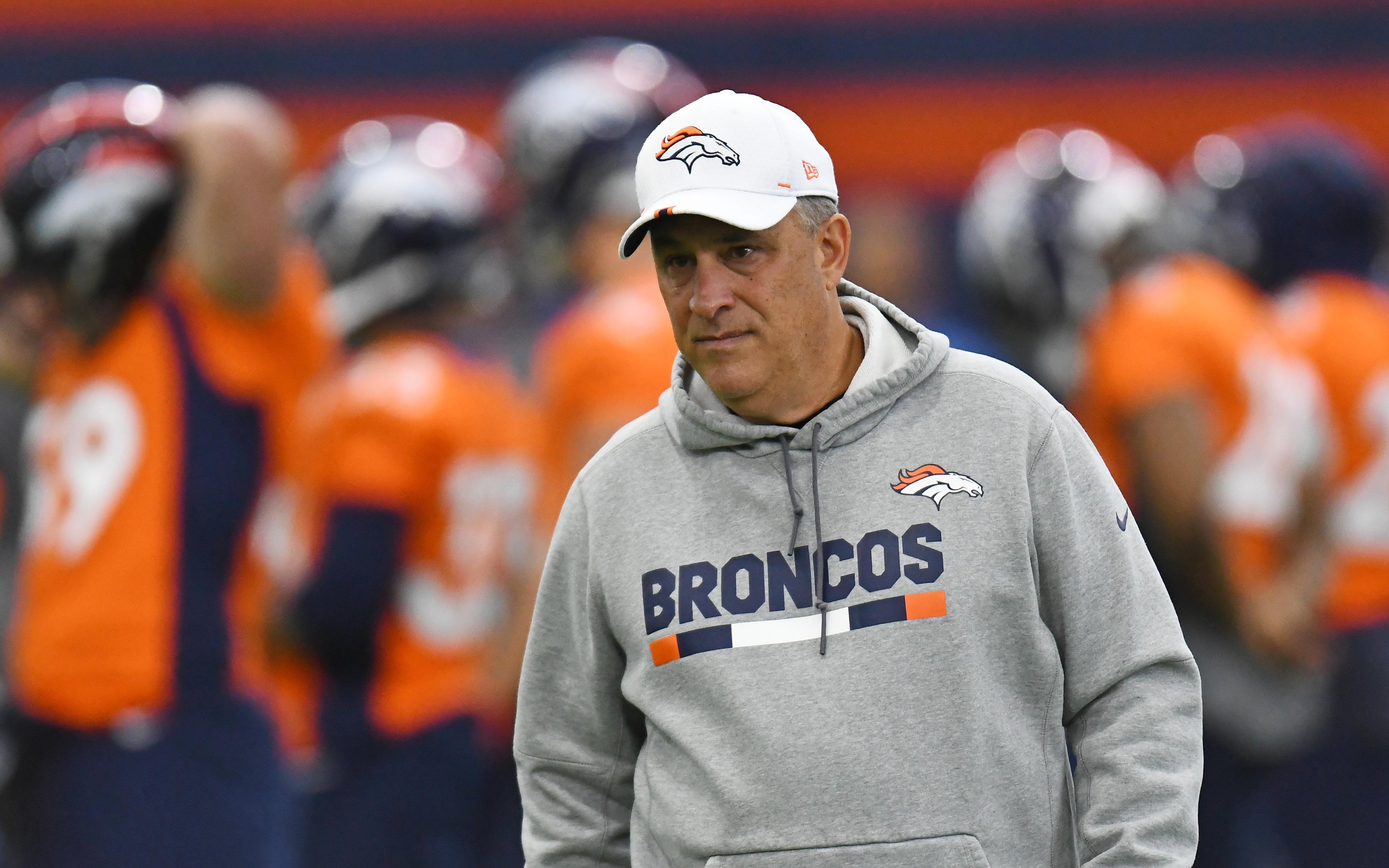 Vic Fangio at Broncos first training camp practice of the 2019 season.