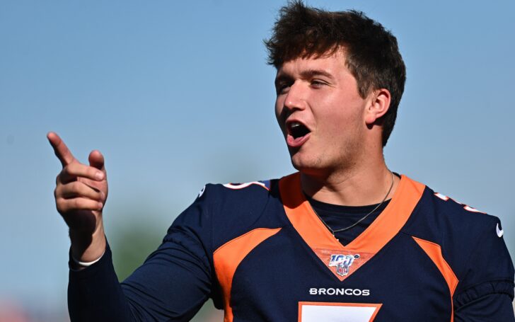Drew Lock in his first ever training camp practice at the NFL level. Credit: Ron Chenoy, USA TODAY Sports.