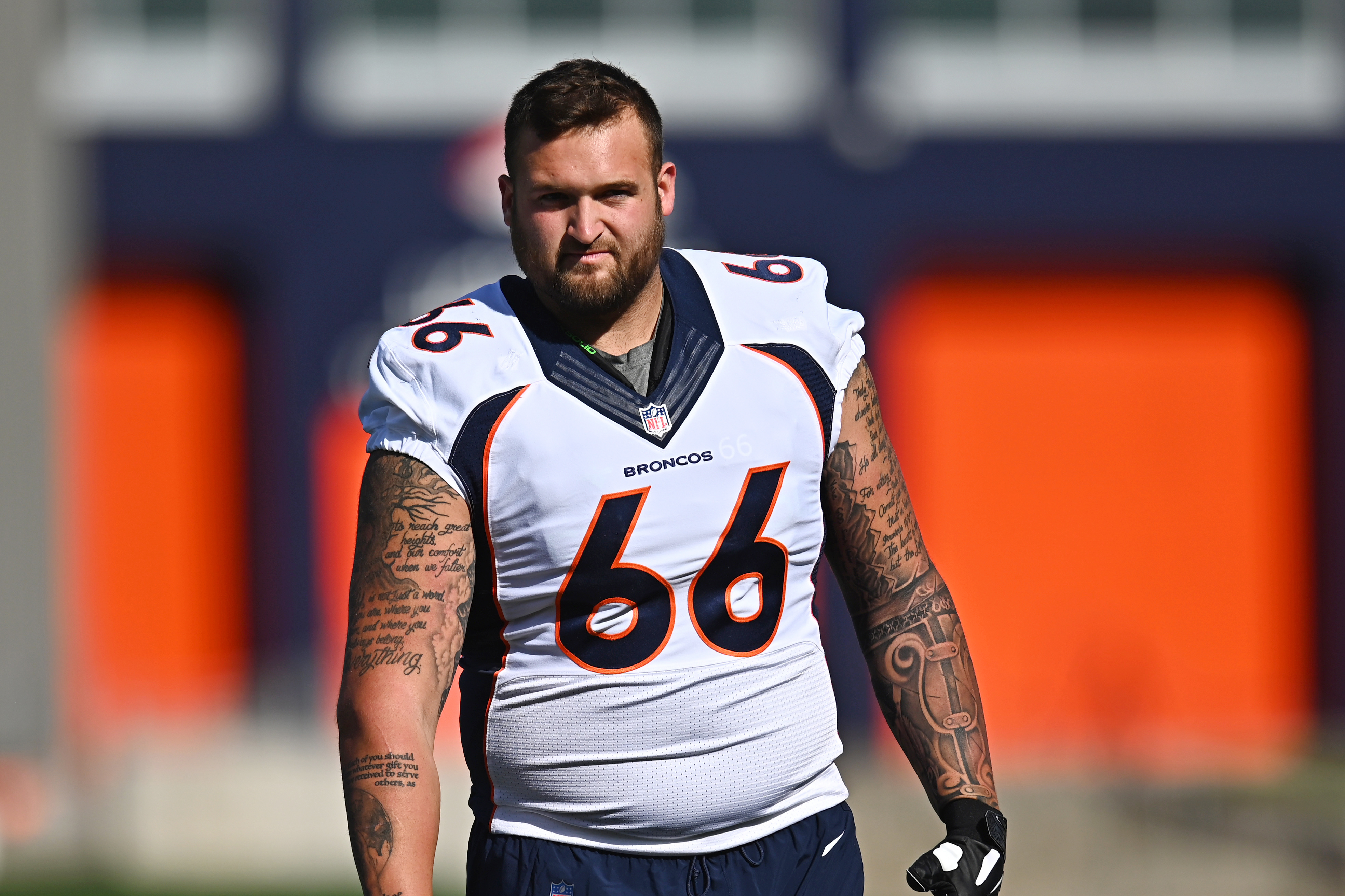 Denver Broncos offensive tackle Dalton Risner (66) warms up during an NFL  training camp practice at the team's headquarters Tusday, July 30, 2019, in  Englewood, Colo. (AP Photo/David Zalubowski Stock Photo - Alamy