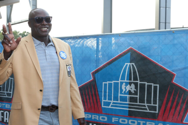Buffalo Bills defensive end Bruce Smith arrives during the Professional Football HOF enshrinement ceremonies at the Tom Benson Hall of Fame Stadium.