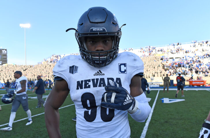 Nevada Wolf Pack linebacker Malik Reed (90) celebrates the win over the Air Force Falcons at Falcon Stadium.