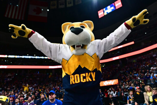 Denver Nuggets mascot Rocky cheer in the fourth quarter against the Portland Trail Blazers in game five of the second round of the 2019 NBA Playoffs at Pepsi Center.