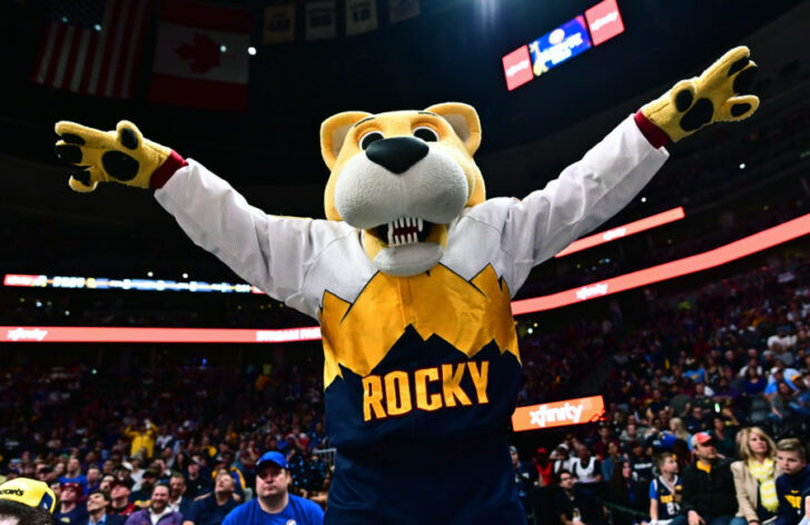 Denver Nuggets mascot Rocky cheer in the fourth quarter against the Portland Trail Blazers in game five of the second round of the 2019 NBA Playoffs at Pepsi Center.