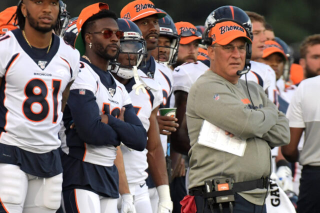 Denver Broncos head coach Vic Fangio watches from the sidelines against the Atlanta Falcons during the Pro Football Hall of Fame Game at Tom Benson Hall of Fame Stadium.