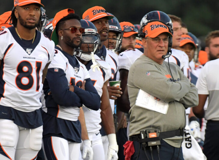 Denver Broncos head coach Vic Fangio watches from the sidelines against the Atlanta Falcons during the Pro Football Hall of Fame Game at Tom Benson Hall of Fame Stadium.