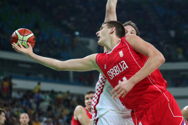 Serbia center Nikola Jokic (14) shoots the ball against Croatia during the men's basketball quarterfinals in the Rio 2016 Summer Olympic Games at Carioca Arena 1.