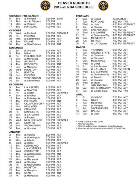 denver nuggets schedule 2020