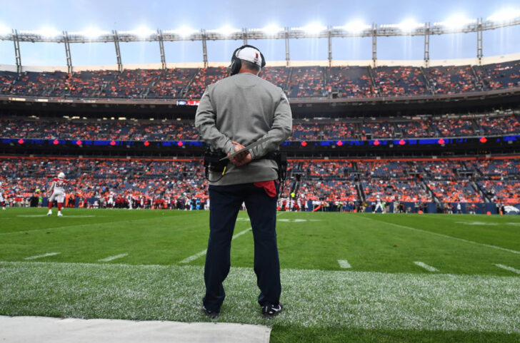 Denver Broncos head coach Vic Fangio on the sidelines in the first quarter against the Arizona Cardinals at Broncos Stadium at Mile High.