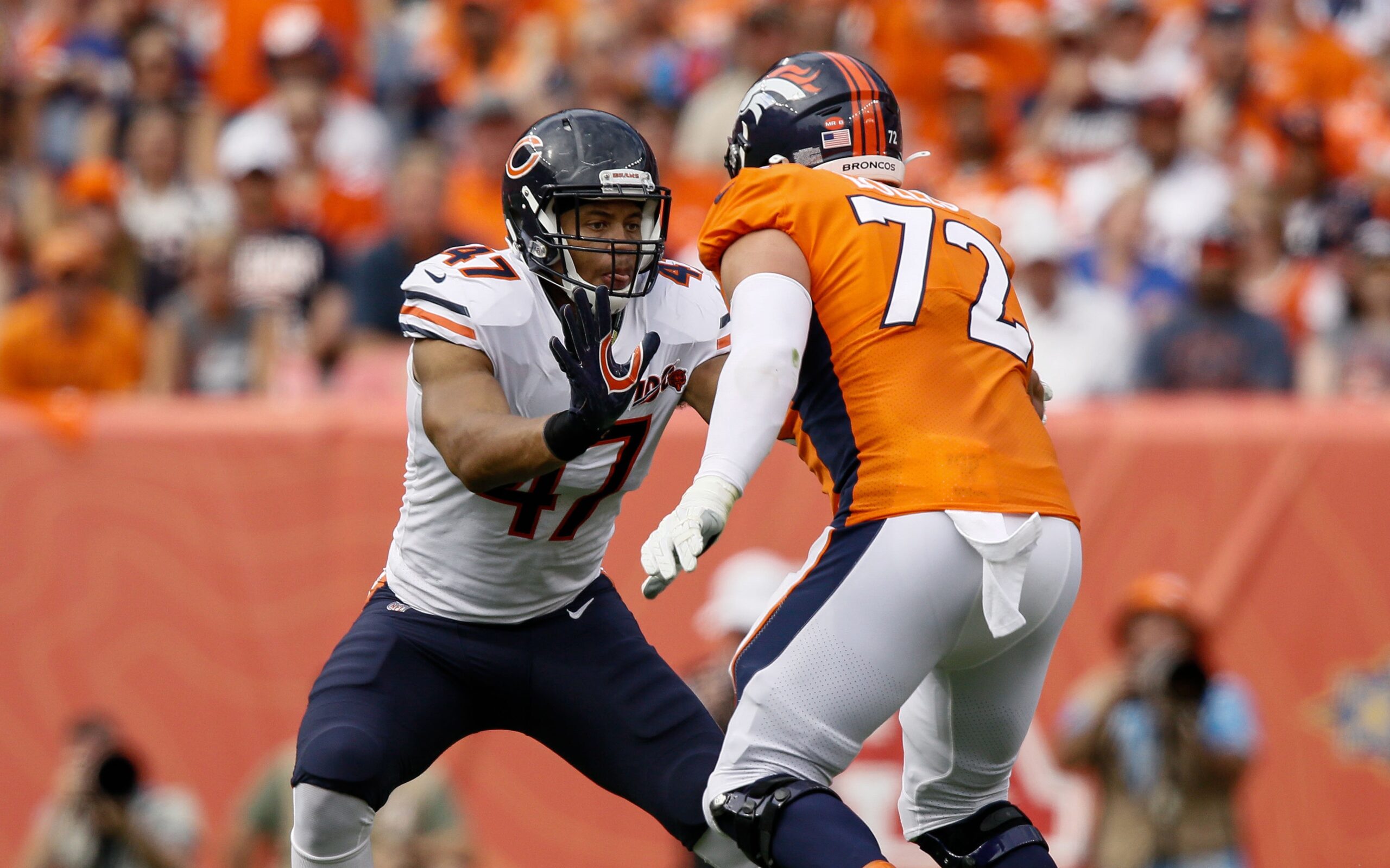 Garett Bolles of the Denver Broncos runs up field against the New