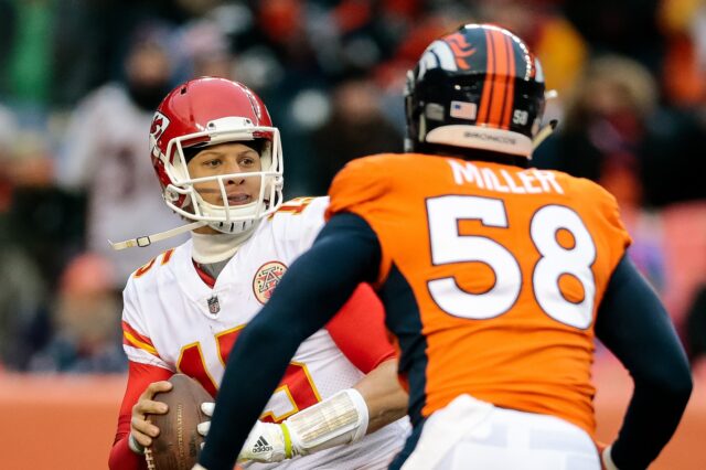 Von Miller rushes Patrick Mahomes in 2017. Credit: Isaiah J. Downing, USA TODAY Sports.