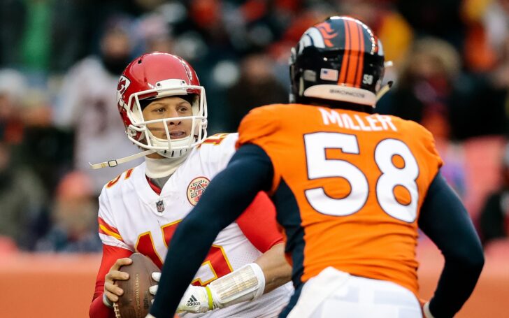 Von Miller rushes Patrick Mahomes in 2017. Credit: Isaiah J. Downing, USA TODAY Sports.