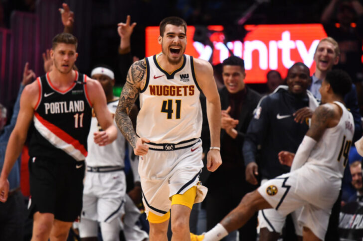 Denver Nuggets forward Juan Hernangomez (41) reacts following his three point basket in the fourth quarter against the Portland Trail Blazers in game five of the second round of the 2019 NBA Playoffs at Pepsi Center.
