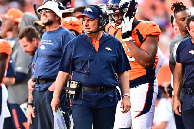 Denver Broncos head coach Vic Fangio walks the sidelines in the third quarter against the Jacksonville Jaguars at Empower Field at Mile High.
