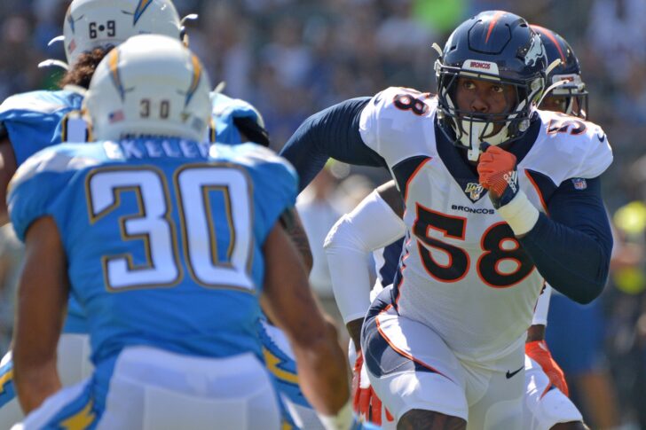 Denver Broncos outside linebacker Von Miller (58) rushes against the Los Angeles Chargers during the first quarter at Dignity Health Sports Park.