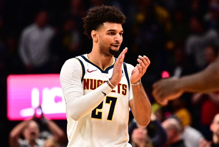 Denver Nuggets guard Jamal Murray (27) celebrates after defeating the Brooklyn Nets at the Pepsi Center.