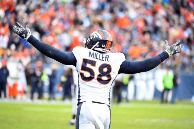 Denver Broncos Von Miller (58) celebrates after a defensive stop in the second half against the Tennessee Titans at Nissan Stadium. The Titans won 13-10.